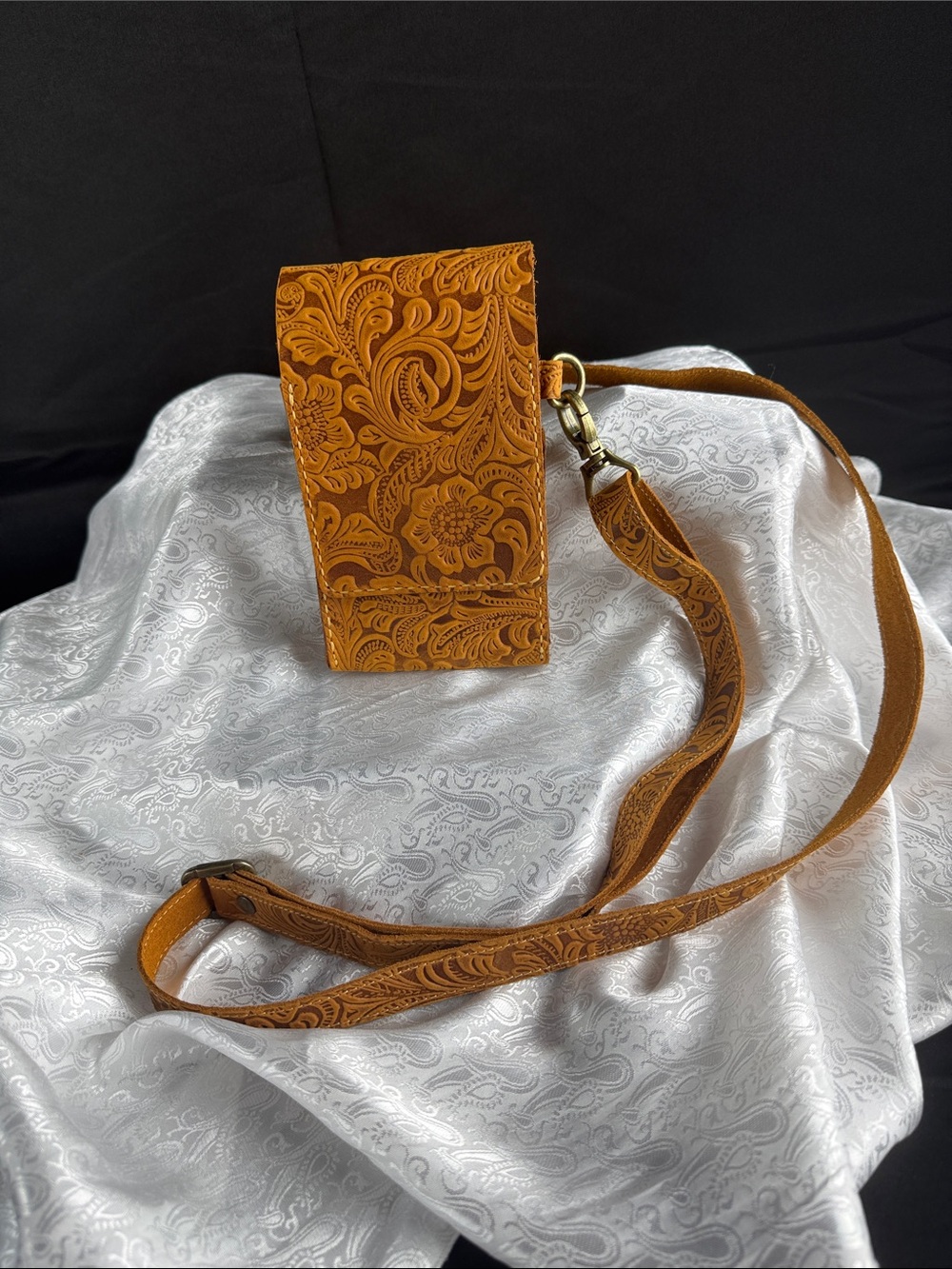 Tooled Leather Crossbody Phone Pouch - Mustard Tan